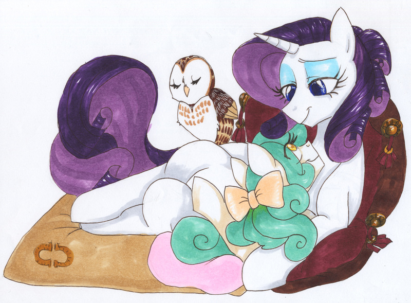 Size: 3219x2371 | Tagged: safe, artist:frozensoulpony, derpibooru import, rarity, oc, oc:jade luck, owl, adopted offspring, mother and daughter, parent:rarity