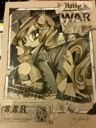 Size: 1080x1440 | Tagged: adolf hitler, agent carter, artist:andypriceart, derpibooru import, marvel, monochrome, ponified, safe, solo, traditional art