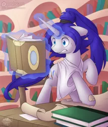 Size: 750x875 | Tagged: safe, artist:skyheavens, derpibooru import, oc, oc:sally, ponified, unofficial characters only, book, clothes, glowing horn, magic, parchment, patreon, patreon logo, solo, telekinesis
