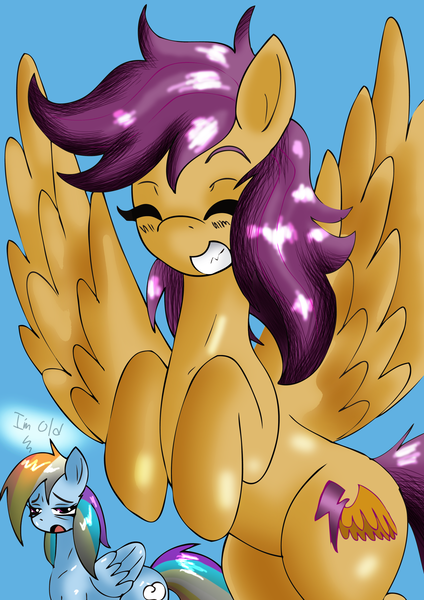 Size: 2480x3507 | Tagged: safe, artist:alcasar-reich, derpibooru import, rainbow dash, scootaloo, alternate cutie mark, older