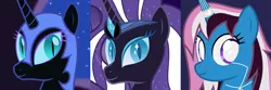 Size: 12288x4096 | Tagged: safe, artist:parclytaxel, derpibooru import, nightmare moon, nightmare rarity, oc, oc:parcly taxel, alicorn, pony, albumin flask, .svg available, absurd resolution, alicorn oc, blank eyes, corrupted, dark triad, looking at you, machiavellianism, narcissism, nightmare parcly, nightmarified, portrait, psychopathy, smiling, vector
