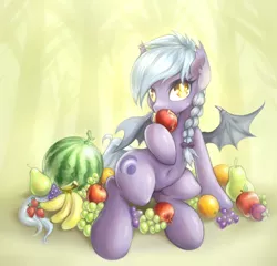 Size: 1280x1231 | Tagged: safe, artist:mlpanon, derpibooru import, oc, oc:sonar, unofficial characters only, bat pony, pony, apple, banana, belly button, braid, food, fruit, grapes, herbivore, looking at you, orange, pear, solo, strawberry, watermelon