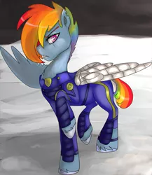 Size: 1200x1384 | Tagged: alternate timeline, amputee, apocalypse dash, artist:mylittlegodzilla, augmented, crystal war timeline, derpibooru import, hair over one eye, looking at you, prosthetic limb, prosthetics, prosthetic wing, rainbow dash, raised hoof, safe, scar, solo, the cutie re-mark, torn ear