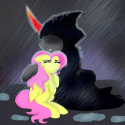 Size: 700x700 | Tagged: artist:xiolyeca, clothes, comforting, derpibooru import, female, fluttershy, hoodie, king sombra, male, protecting, rain, sad, safe, shipping, sombrashy, straight