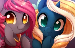 Size: 5100x3300 | Tagged: aquapony, artist:starshinebeast, changeling, changeling oc, colt, cute, derpibooru import, dragonflypony, duo, female, filly, foal, looking at you, male, oc, ocbetes, oc:glitch desire, oc:tidal charm, pink changeling, safe, seaunicorn, unofficial characters only
