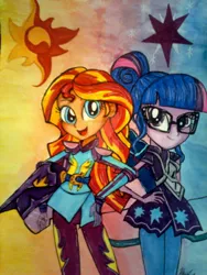 Size: 1024x1365 | Tagged: safe, artist:berrydiamond93, derpibooru import, sci-twi, sunset shimmer, twilight sparkle, equestria girls, friendship games, clothes, traditional art, watermark