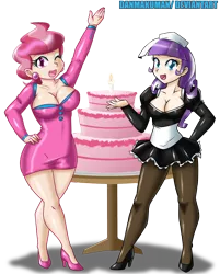 Size: 2468x3072 | Tagged: artist:danmakuman, breasts, busty cup cake, busty twilight velvet, cake, clothes, cup cake, derpibooru import, dress, eyeshadow, female, food, high heels, human, humanized, latex, legs, maid, makeup, milf, miniskirt, one eye closed, pantyhose, shoes, simple background, skirt, suggestive, transparent background, twilight velvet, wink