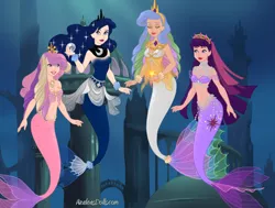 Size: 820x620 | Tagged: safe, artist:azaleasdolls, artist:fannitasticfangirl, derpibooru import, princess cadance, princess celestia, princess luna, twilight sparkle, twilight sparkle (alicorn), alicorn, mermaid, pony, siren, alicorn tetrarchy, bubble, clothes, crossover, crown, fins, jewelry, magic, magic aura, mermaid maker, mermaid princess, mermaid tail, mermaidized, regalia, sealestia, tail, the little mermaid