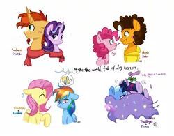 Size: 1500x1171 | Tagged: safe, artist:yaaaco, derpibooru import, cheese sandwich, derpy hooves, fluttershy, pinkie pie, rainbow dash, spike, starlight glimmer, sunburst, trixie, twilight sparkle, twilight sparkle (alicorn), alicorn, pony, cheesepie, clothes, cute, feather, female, floppy ears, flutterdash, food, grin, happy, heart, holly, holly mistaken for mistletoe, lesbian, looking at each other, magic, male, pocky, scarf, shared clothing, shared scarf, shipper on deck, shipping, smiling, spike the shipper, starburst, straight, telekinesis, twixie, unamused