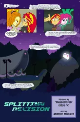 Size: 2927x4452 | Tagged: safe, artist:drewdini, derpibooru import, adagio dazzle, aria blaze, pinkie pie, sonata dusk, sunset shimmer, comic:equestrian city, equestria girls, rainbow rocks, comic, equestrian city, stage, the dazzlings