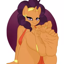 Size: 850x850 | Tagged: anonymous artist, anthro, barefoot, derpibooru import, feet, female, foot fetish, foot focus, foot tease, looking at you, plantigrade anthro, saffron masala, sitting, soles, solo, solo female, suggestive, teasing, toe ring, toes