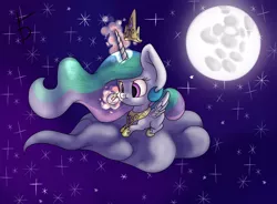 Size: 2286x1683 | Tagged: artist:fullmoondagger, chibi, cloud, cute, cutelestia, derpibooru import, donut, food, magic, mare in the moon, moon, princess celestia, prone, safe, solo, telekinesis