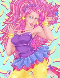 Size: 702x900 | Tagged: safe, artist:divasaorin, derpibooru import, pinkie pie, equestria girls, friendship through the ages, 80s hair, armpits, breasts, cleavage, female, human coloration, looking at you, nail polish, new wave pinkie, open mouth, solo