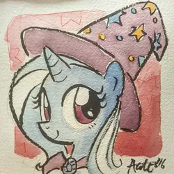 Size: 1080x1080 | Tagged: safe, artist:agnesgarbowska, artist:ramivic, derpibooru import, trixie, pony, unicorn, clothes, female, hat, looking at you, mare, my little pony fair, portrait, smiling, solo, traditional art, trixie's hat, watercolor painting