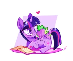 Size: 900x751 | Tagged: safe, artist:ipun, derpibooru import, spike, twilight sparkle, dragon, pony, blushing, book, dragons riding ponies, heart eyes, prone, simple background, sleeping, spikelove, white background, wingding eyes