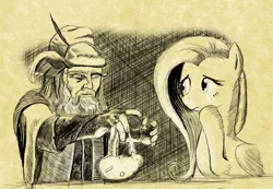 Size: 1812x1256 | Tagged: safe, artist:sirustalcelion, derpibooru import, fluttershy, hedgehog, human, pegasus, pony, crossover, duo, female, healing, lord of the rings, magic, mare, monochrome, radagast, shipping, the hobbit, worried