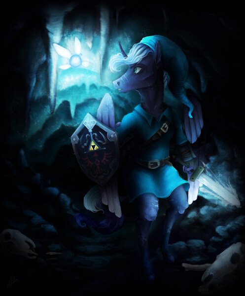 Size: 1658x2000 | Tagged: anthro, artist:bazibalba, cave, crossover, derpibooru import, hoers, link, navi, plantigrade anthro, princess luna, s1 luna, safe, shield, sword, the legend of zelda, tunic, weapon