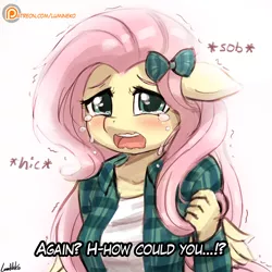 Size: 750x750 | Tagged: anthro, artist:lumineko, blushing, clothes, crying, cute, derpibooru import, dialogue, female, fluttershy, gdq, hair bow, looking at you, open mouth, patreon, patreon logo, pegasus, safe, set:fluttershy games done quick, sgdq, shirt, shyabetes, simple background, solo, white background