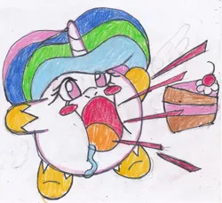 Size: 2207x2025 | Tagged: artist:cuddlelamb, cake, cakelestia, derpibooru import, food, kirby, kirby celestia, kirby (character), kirbyfied, princess celestia, safe, source needed, species swap, traditional art