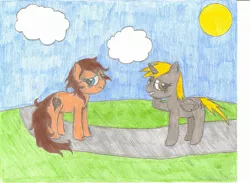 Size: 2320x1700 | Tagged: safe, artist:samaru163, derpibooru import, oc, oc:heartbreak, oc:query, unofficial characters only, alicorn, earth pony, pony, branding, cloud, cyan eyes, duo, female, glasses, grass, green eyes, heart, hole, human in equestria, human to pony, male to female, mare, messy mane, my little heartbreak, rule 63, sun, traditional art