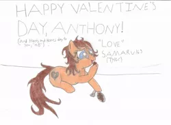 Size: 1024x750 | Tagged: safe, artist:samaru163, derpibooru import, oc, oc:heartbreak, unofficial characters only, earth pony, pony, blue eyes, branding, chocolate, eating, female, food, heart, hearts and hooves day, hole, human in equestria, human to pony, male to female, mare, messy mane, my little heartbreak, rule 63, sitting, smiling, solo, traditional art, valentine's day, valentine's day card