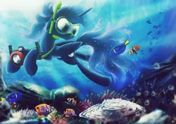 Size: 4677x3307 | Tagged: absurd resolution, aquatic, artist:ruhisu, blue tang, camera, clownfish, crepuscular rays, derpibooru import, diving, finding dory, finding nemo, fish, fishes, goggles, nose plug, ocean, princess luna, safe, snorkel, snorkeling, solo, swimming, swimming goggles, underwater