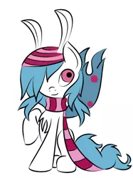 Size: 374x500 | Tagged: antennae, artist:lelazybeamy, beanie, chest fluff, clothes, colored, cute, derpibooru import, hat, male, mothpony, oc, oc:luki caelum, original species, pigtails, raised hoof, safe, scarf, sitting, smirk, solo, stallion, stripes, unofficial characters only, wings