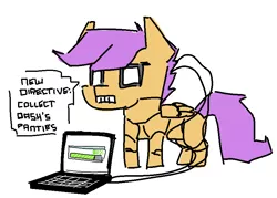 Size: 839x602 | Tagged: artist:nobody, computer, derpibooru import, dialogue, laptop computer, robot, scootabot, scootaloo, scootobsession, simple background, solo, speech bubble, suggestive, white background