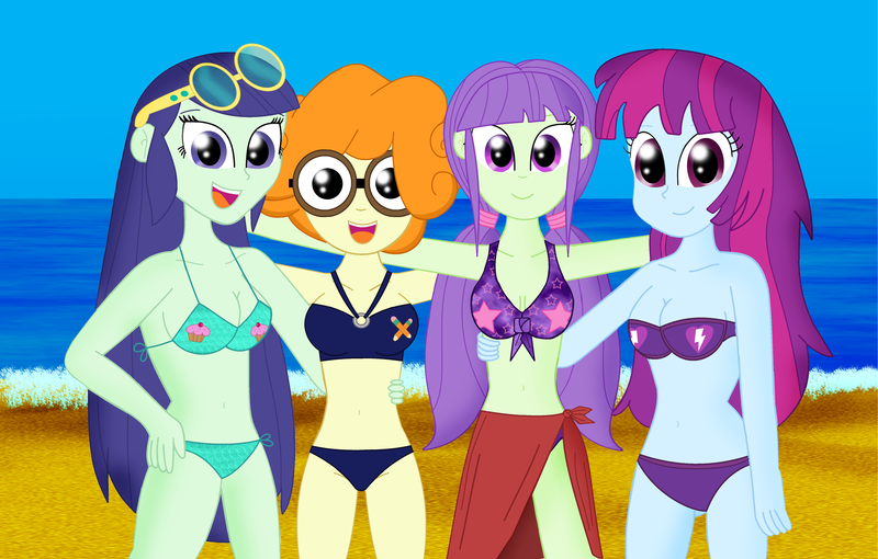 Size: 4528x2886 | Tagged: safe, artist:cyber-murph, derpibooru import, blueberry cake, mystery mint, scribble dee, starlight, equestria girls, background human, beach, belly button, bikini, breasts, cleavage, clothes, female, midriff, sarong, sunglasses, swimsuit