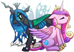 Size: 800x565 | Tagged: safe, artist:glumdusk, derpibooru import, princess cadance, queen chrysalis, alicorn, changeling, changeling queen, pony, crying, cute, cutedance, duo, duo female, eyes closed, female, floppy ears, sad, signature, simple background, sitting, transparent background