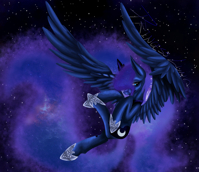 Size: 1024x886 | Tagged: safe, artist:hahvulon, derpibooru import, princess luna, flying, large wings, solo, stars