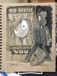 Size: 768x1024 | Tagged: safe, artist:andypriceart, derpibooru import, princess celestia, princess luna, alicorn, pony, 1984, :o, big brother, bipedal, female, frown, glare, hiding, looking at you, mare, open mouth, raised eyebrow, royal sisters, sneaking, traditional art, wide eyes