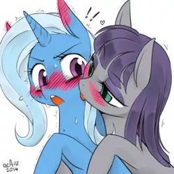 Size: 720x720 | Tagged: suggestive, artist:fluttershysone, artist:reavz, derpibooru import, maud pie, trixie, pony, unicorn, blushing, ear blush, eyeshadow, female, females only, lesbian, licking, makeup, mare, mauxie, open mouth, shipping, simple background, sweat, tongue out, white background