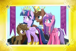 Size: 2281x1540 | Tagged: safe, artist:riouku, derpibooru import, twilight sparkle, twilight sparkle (alicorn), oc, oc:courageous heart, oc:prince proudheart, oc:princess starlight, alicorn, pony, canon x oc, family, female, male, mare, offspring, parent:oc:courageous heart, parent:twilight sparkle, parents:canon x oc, parents:twileous, shipping, straight, twileous