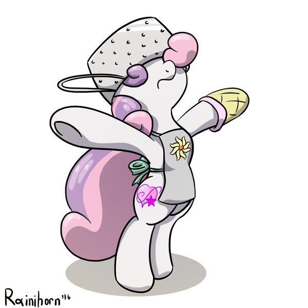 Size: 1600x1600 | Tagged: safe, artist:rainihorn, derpibooru import, sweetie belle, pony, alternate cutie mark, apron, bipedal, clothes, colander, dark souls, oven mitts, praise the sun, simple background, solo, white background