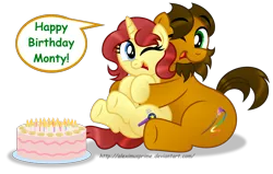 Size: 2720x1727 | Tagged: artist:aleximusprime, birthday cake, cake, derpibooru import, eilemonty, food, happy birthday, hug, oc, oc:alex the chubby pony, oc:eilemonty, open mouth, ponysona, safe, simple background, transparent background, unofficial characters only