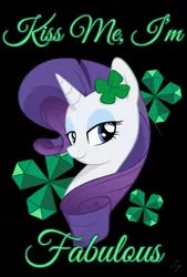 Size: 1024x1515 | Tagged: safe, artist:steffy-beff, derpibooru import, rarity, pony, unicorn, black background, clover, female, four leaf clover, lidded eyes, looking at you, mare, poster, simple background, solo