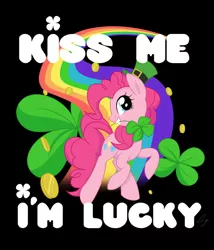 Size: 1024x1199 | Tagged: safe, artist:steffy-beff, derpibooru import, pinkie pie, earth pony, pony, bronybait, clover, coin, cute, diapinkes, female, four leaf clover, hat, holiday, mare, mouth hold, poster, profile, rainbow, saint patrick's day, solo