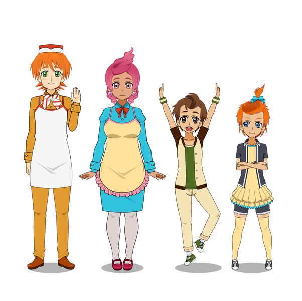 Size: 1264x1260 | Tagged: safe, artist:kathara_khan, derpibooru import, carrot cake, cup cake, pound cake, pumpkin cake, human, apron, bowtie, bracelet, cake family, cake twins, clothes, converse, dress, ear piercing, earring, group, hair bow, hat, humanized, image, jewelry, jumping, kisekae, mary janes, older, older cake twins, older pound cake, older pumpkin cake, pants, pantyhose, piercing, png, shirt, shoes, shorts, simple background, skirt, sneakers, socks, thigh highs, white background