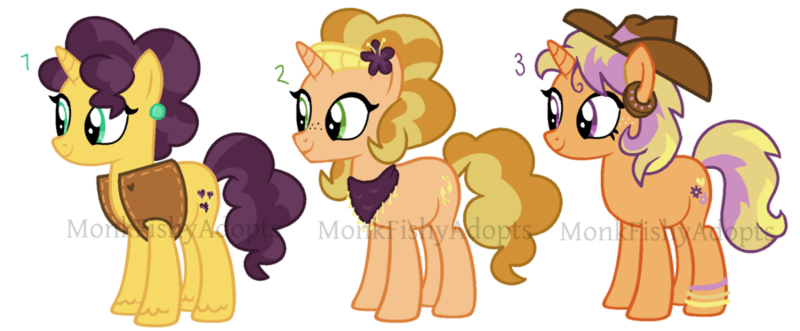 Size: 900x372 | Tagged: safe, artist:monkfishyadopts, derpibooru import, braeburn, saffron masala, oc, oc:dolly appleseed, oc:saffy lace, oc:showdown shoe, unofficial characters only, spice up your life, adoptable, braesala, crack shipping, female, male, offspring, parent:braeburn, parent:saffron masala, parents:braesala, shipping, straight, trio