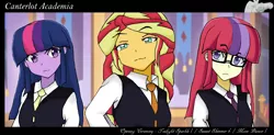 Size: 1731x855 | Tagged: safe, artist:angeltorchic, derpibooru import, moondancer, sunset shimmer, twilight sparkle, twilight sparkle (alicorn), equestria girls, blazer, canterlot academia, clothes, equestria girls-ified, looking at you, magical trio, school uniform, twilight's counterparts