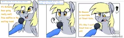 Size: 1024x315 | Tagged: annoyed, artist:orgin8, comic, dancing with the stars, derpibooru import, derpy hooves, frown, hoof hold, implied doctorderpy, implied doctor whooves, microphone, offscreen character, open mouth, question mark, safe, smiling