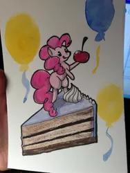 Size: 2448x3264 | Tagged: safe, artist:whale, derpibooru import, pinkie pie, pony, balloon, bipedal, cake, cherry, food, hoof hold, smiling, solo, traditional art