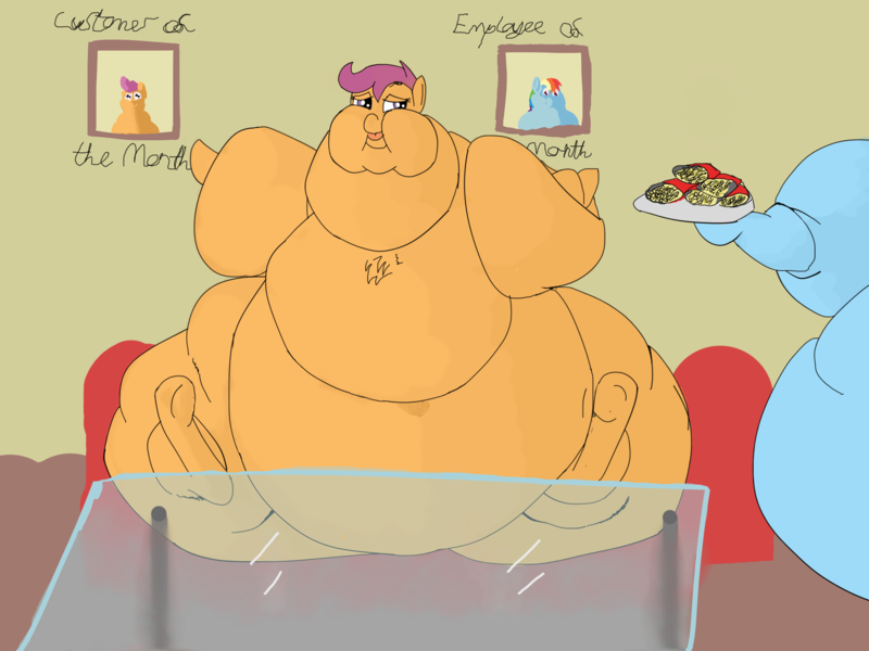 Size: 2048x1536 | Tagged: artist:lupin quill, belly, big belly, big lips, bingo wings, chest fluff, chubby cheeks, derpibooru import, fat, food, french fries, glass table, hay fries, kitchen eyes, morbidly obese, obese, offscreen character, questionable, rainbow dash, restaurant, rolls of fat, scootalard, scootaloo, sitting, table