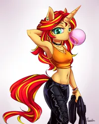 Size: 641x800 | Tagged: safe, artist:moenkin, derpibooru import, sunset shimmer, anthro, equestria girls, arm behind head, armpits, belly button, bubblegum, clothes, ear piercing, female, gum, leather jacket, leather pants, midriff, pants, piercing, sexy, signature, solo