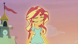 Size: 1280x720 | Tagged: safe, derpibooru import, screencap, sunset shimmer, equestria girls, my past is not today, rainbow rocks, beautiful, canterlot high, clock tower, cloud, eyes closed, flag, glow, grin, happy, morning, smiling, solo, sunshine shimmer, tower