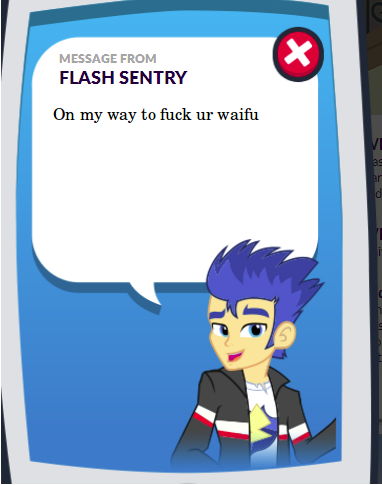 Size: 382x485 | Tagged: questionable, derpibooru import, flash sentry, equestria girls, legend of everfree, app, exploitable meme, meme, message from flash sentry, vulgar, waifu thief