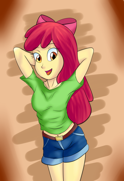 Size: 2248x3264 | Tagged: safe, artist:horsecat, derpibooru import, apple bloom, equestria girls, arm behind head, belly button, clothes, jeans, older, pants, shirt, shorts, solo