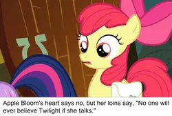 Size: 797x537 | Tagged: semi-grimdark, derpibooru import, edit, edited screencap, screencap, apple bloom, twilight sparkle, earth pony, pony, caption, female, filly, imminent rape, implied foalcon, implied rape, ponestrip