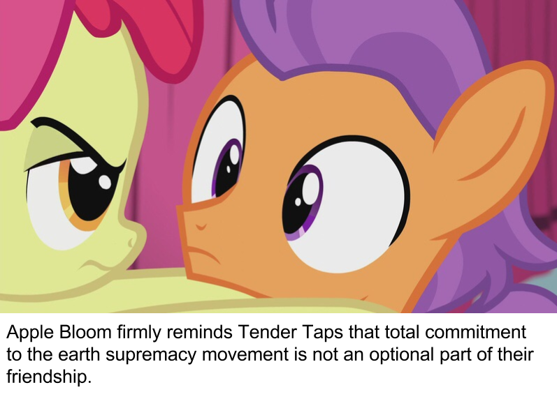 Size: 797x572 | Tagged: safe, derpibooru import, edit, edited screencap, screencap, apple bloom, tender taps, earth pony, pony, on your marks, caption, colt, duo, female, filly, image macro, male, out of character, ponestrip, racism, text